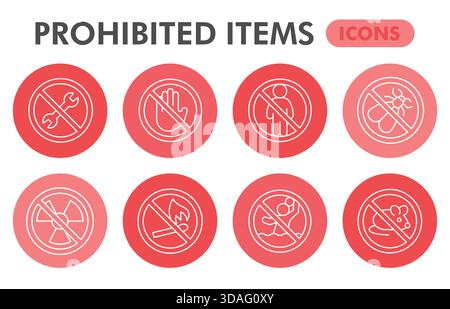 Collection de symboles d'articles interdits ou croquis, bulle de thème d'interdiction avec des signes de style de ligne mince pour le web et l'application. Graphiques vectoriels isolés sur whit Illustration de Vecteur