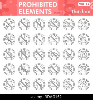 Collection de symboles d'articles interdits ou croquis, thème d'interdiction avec des signes de style de ligne mince pour le web et l'application. Graphiques vectoriels isolés sur fond blanc Illustration de Vecteur