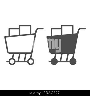 Ligne de panier et icône solide, concept de vendredi noir. Graphiques vectoriels. Chariot de consommation pour boîtes et marchandises, signe d'achat sur fond blanc, dehors Illustration de Vecteur
