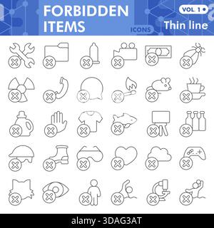 Collection de symboles d'articles interdits ou croquis, thème d'interdiction avec des signes de style de ligne mince pour le web et l'application. Graphiques vectoriels isolés sur fond blanc Illustration de Vecteur