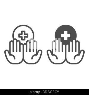Propre paume de la ligne des mains et icône solide, concept d'hygiène. Graphiques vectoriels. Mains et signe de bulle de croix médicale sur fond blanc, icône de style de contour Illustration de Vecteur