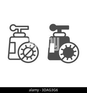 Bouteille de savon liquide et aucune ligne de badge de bactéries et icône solide, concept d'hygiène. Graphiques vectoriels. Signe de bouteille de savon sur fond blanc, style de contour Illustration de Vecteur
