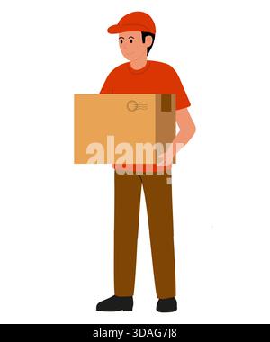 Livreur ou facteur en salopette portant un chapeau orange souriant et tenant une grande boîte en carton brun. Collection professions Illustration de Vecteur
