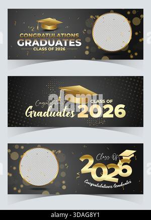 Une classe or foncé moderne de 2026 paquet de bannières de graduation décorée avec des chapeaux élégants, des particules et des accents lumineux Illustration de Vecteur