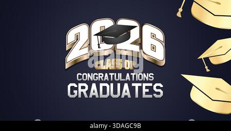 Bannière de classe 2026 marine et or forte avec texte 3D audacieux et conception de casquette de graduation Illustration de Vecteur