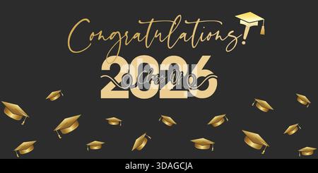Classe festive de bannière 2026 avec typographie dorée, casquette et éléments de confettis pour les thèmes de célébration Illustration de Vecteur