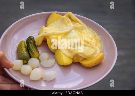 Fromage à raclette fondu sur pommes de terre bouillies, servi avec des oignons marinés et des concombres une spécialité suisse, le marché de Noël de Zurich, Suisse Banque D'Images