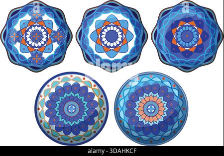 Cinq motifs mandala bleus complexes dans un style vectoriel, avec symétrie géométrique et dégradés de couleurs vibrantes Illustration de Vecteur