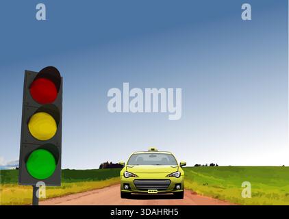 Taxi jaune conduit vers le spectateur sur une route de campagne, passant un feu vert sur une journée ensoleillée. Illustration dessinée à la main Illustration de Vecteur