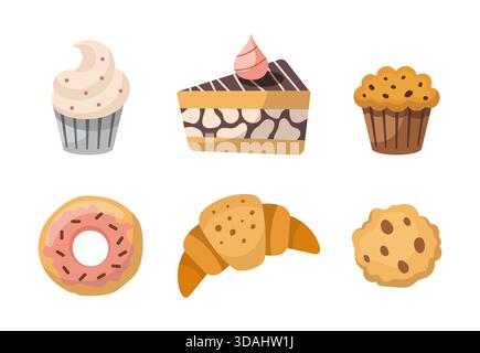 Gâteaux de dessin animé, pâtisseries. Collection vectorielle. Eléments de boulangerie. Desserts sucrés de confiserie avec biscuit de croissant de beignet de gâteau, muffin de cupcake boulangerie. Illustration de Vecteur