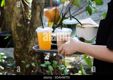 Serveur tenant un plateau noir avec diverses boissons fraîches rafraîchissantes comme le café glacé, le jus de fruits et la noix de coco fraîche dans un café de jardin extérieur sur l'été relaxant Banque D'Images