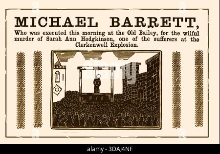 Un titre de 1867 tiré d'un récit de la pendaison publique de Michael Barrett au Old Bailey, Londres pour le meurtre de Sarah Ann Hodgkinson, l'une des personnes tuées par l'explosion du Clerkenwell Fenian. Il était l'un des nombreux Fenians, mais le seul reconnu coupable, il était également le dernier homme à être pendu publiquement en Angleterre, pour son rôle dans l'attentat de décembre 1867 qui a tué 12 passants et a laissé beaucoup de blessés graves beaucoup plus. Banque D'Images