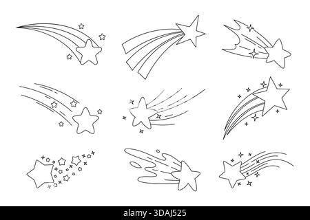 Différentes étoiles filantes de style doodle avec différents sentiers et étincelles, idéales pour les dessins à thème céleste Illustration de Vecteur