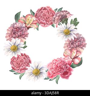 Couronne, pivoines, œillets, chrysanthèmes, fleurs d'alstroemeria, feuilles. Illustration aquarelle peinte à la main isolée sur blanc pour la conception de mariage Banque D'Images