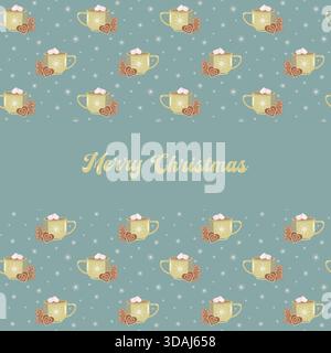 Conception de Noël avec texte joyeux Noël en script jaune sur fond sarcelle. Entouré de motifs festifs de tasses au cacao, biscuits en pain d'épices Illustration de Vecteur
