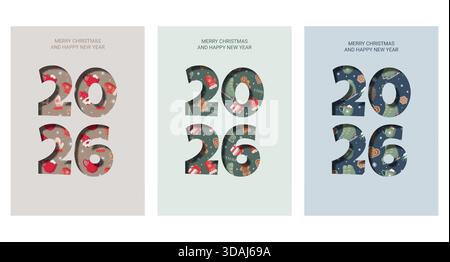 Ensemble de trois cartes de voeux de Noël 2026 avec Joyeux Noël et texte de bonne année. Chaque carte présente des motifs festifs à l'intérieur de chiffres gras Illustration de Vecteur