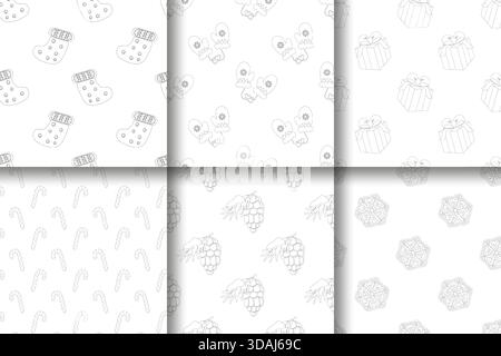 Ensemble de six motifs de vacances sans couture dans des bas de style d'art monochrome ligne, mitaines, cadeaux, cannes de bonbon, raisins, et des flocons de neige Illustration de Vecteur