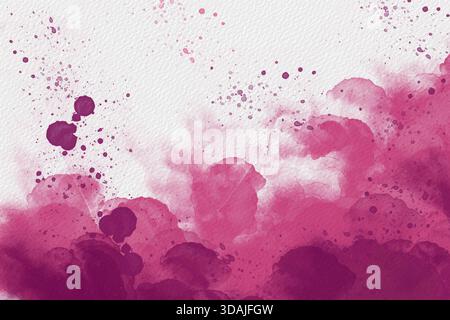 Éclaboussures d'aquarelle magenta vibrante et nuages sur papier, fond artistique abstrait dynamique Banque D'Images