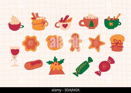 Ensemble vectoriel dessiné à la main de symboles de vacances confortables de Noël, d'hiver et de nouvel an, y compris la nourriture, les boissons, les cadeaux et les décorations traditionnelles sur la grille Illustration de Vecteur