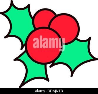 Brin de gui avec des feuilles de barbarie vertes et des baies rouges. Autocollant du nouvel an ou carte-cadeau dans le style ancien de 2000. Autocollant rétro de dessin animé Y2K sur b blanc Illustration de Vecteur