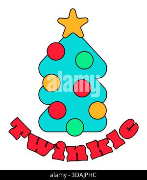 Sapin de Noël élégant décoré de boules colorées et étoile sur le dessus. Autocollant du nouvel an ou carte-cadeau dans le style ancien de 2000. Autocollant rétro de dessin animé Y2K sur w Illustration de Vecteur