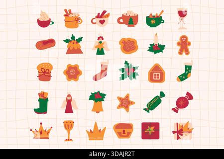 Ensemble dessiné à la main de symboles de vacances confortables de Noël, d'hiver et de nouvel an, y compris la nourriture, les boissons, les cadeaux et les décorations traditionnelles sur le backgro de la grille Illustration de Vecteur