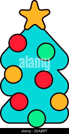 Sapin de Noël élégant décoré de boules colorées et étoile sur le dessus. Autocollant du nouvel an ou carte-cadeau dans le style ancien de 2000. Autocollant rétro de dessin animé Y2K sur w Illustration de Vecteur