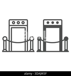 Ligne de détecteur de métaux d'entrée et icône solide, concept d'exposition. Graphiques vectoriels. Porte avec panneau de barrière de ruban sur fond blanc, icône de style de contour Illustration de Vecteur