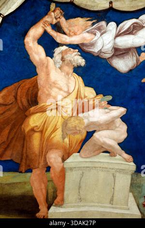 Musées du Vatican. Abraham lève le couteau alors que l'ange intervient, panneau dramatique sur le plafond voûté de la salle Heliodorus par Raphaël. Banque D'Images