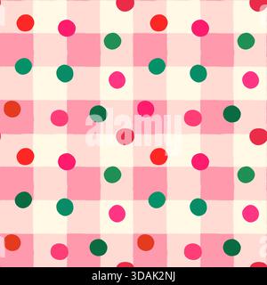 Joli motif à carreaux roses vectoriels sans couture avec des points rouges et verts, fond Vichy fro paquets et dessins de Noël Illustration de Vecteur