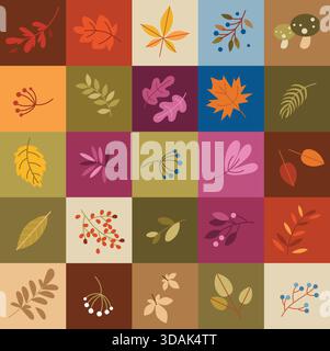 Carreaux de mosaïque d'automne confortables avec des feuilles, des baies, des éléments naturels sur un montage coloré dans les couleurs rouge, brun, beige et jaune pour le tissu, le papier peint Illustration de Vecteur