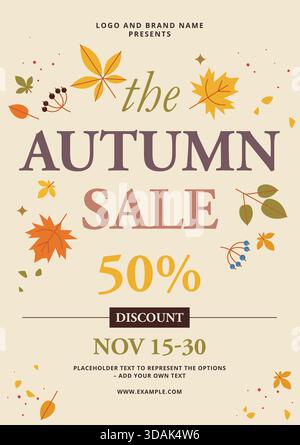Affiche de vente d'automne avec texte personnalisable, palette marron et or d'inspiration vintage, décorée de feuilles vectorielles et de baies Illustration de Vecteur