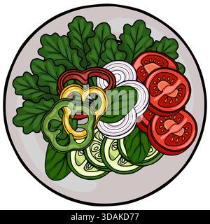 Illustration vectorielle vibrante d'une salade fraîche composée de légumes verts feuillus, de tomates tranchées, de concombres, de poivrons et d'oignons sur une assiette. Illustration de Vecteur