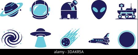 Ensemble d'icônes d'espace graphique plat et d'exploration. Inclut les planètes, l'équipement d'astronaute, l'observatoire, l'extraterrestre et le rover. Idéal pour UI/UX ou les médias scientifiques. Illustration de Vecteur