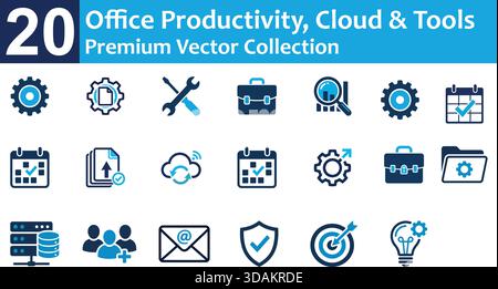 Une collection premium de symboles modernes de style plat représentant la stratégie d'entreprise, la sécurité des données numériques, le travail d'équipe et la finance. Ce an bleu isolé Illustration de Vecteur