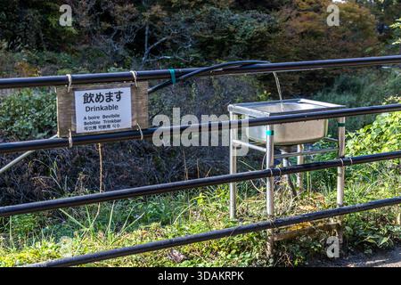 Un panneau multilingue informe les marcheurs de la disponibilité de l'eau potable sur le sentier Nakasendo près de Tsumago-juku, Nagiso, préfecture de Nagano, Japon. Le texte, rédigé en six langues, reflète la popularité internationale de cet itinéraire historique Banque D'Images