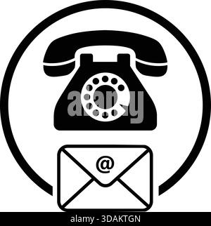 L'image présente un téléphone rotatif classique et une enveloppe représentant un courrier électronique, dans un design circulaire. La silhouette noire et blanche highli Illustration de Vecteur