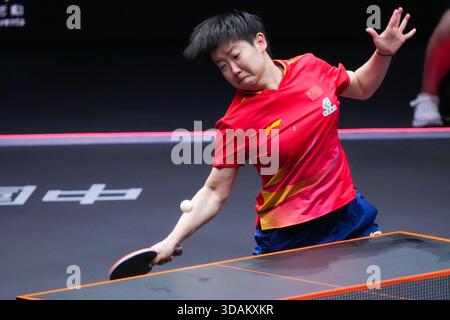 Hong Kong, Chine. 11 décembre 2025. Sun Yingsha concourt lors de la ronde de simple féminine du 16e match entre Sun Yingsha, de Chine, et Wang Yidi, de Chine, à la finale WTT Hong Kong 2025 à Hong Kong, Chine du Sud, 11 décembre 2025. Crédit : Zhu Wei/Xinhua/Alamy Live News Banque D'Images