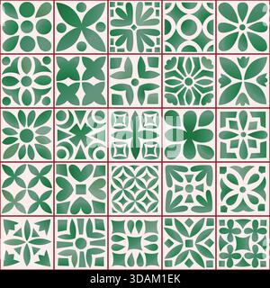 Motif vert géométrique de tuile ornementale botanique sans couture. Motif vectoriel floral simple. Décoration en poterie indienne, islamique, Majolica. Illustration de Vecteur