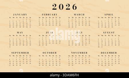 Calendrier 2026 année modèle horizontal vintage rétro grunge parchemin design. Illustration de Vecteur