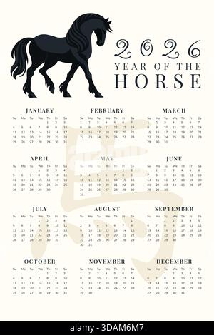 Calendrier 2026 année du modèle vertical du nouvel an chinois animal zodiaque cheval. Illustration de Vecteur
