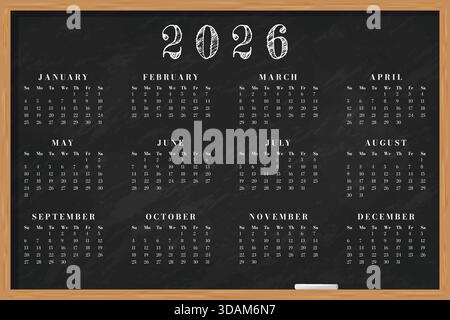 Calendrier 2026 année modèle tableau noir design école texture éducation fond sombre. Illustration de Vecteur