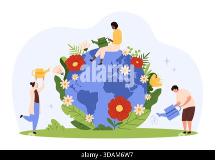 Groupe de personnes diverses prenant soin de la planète Terre avec des arrosoirs, entourés de fleurs en fleurs et de feuilles vertes, favorisant la protection de l'environnement et la durabilité illustration vectorielle isolée Illustration de Vecteur