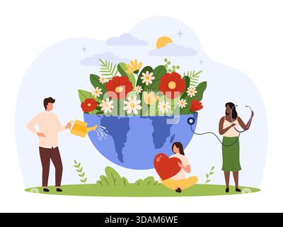 Groupe de diverses personnes nourrissant une terre fleurie avec des fleurs, symbolisant le soin de l'environnement, la durabilité et la santé mondiale dans une illustration vectorielle isolée de style plat Illustration de Vecteur