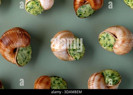 Escargot français farci au beurre d'ail aux herbes disposées sur un fond vert, créant une présentation fraîche et appétissante. Banque D'Images