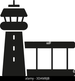Icône en continu de la tour de contrôle de l'aéroport et du terminal. Symbole de silhouette de navigation aérienne, de gestion des aéronefs et de contrôle du trafic aérien. Sécurité et Illustration de Vecteur