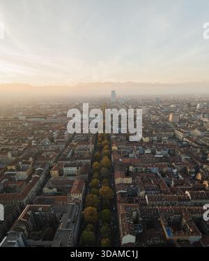 Vue aérienne du paysage urbain rythmé où les arbres luxuriants de la rue mènent au gratte-ciel lointain et aux montagnes brumeuses, Turin, Piémont, Italie. Banque D'Images