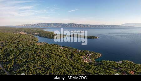 Vue aérienne des forêts verdoyantes rencontrant la mer Adriatique bleu profond près de la côte de Jelsa, comté de Split-Dalmatie, Croatie. Banque D'Images