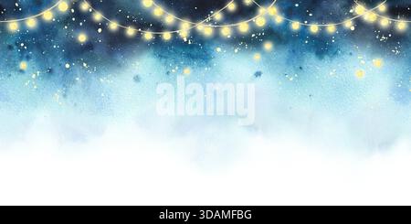 Guirlande de lumières de Noël aquarelle et étincelles dorées sur fond bleu ciel de nuit pour carte de vacances, invitation de fête, conception de bannière, ou festive Banque D'Images