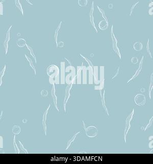 Modèle sans couture avec des éléments dessinés à la main d'algues et de bulles d'air pour l'impression textile, le papier peint, le papier d'emballage, le tissu et la conception nautique Illustration de Vecteur